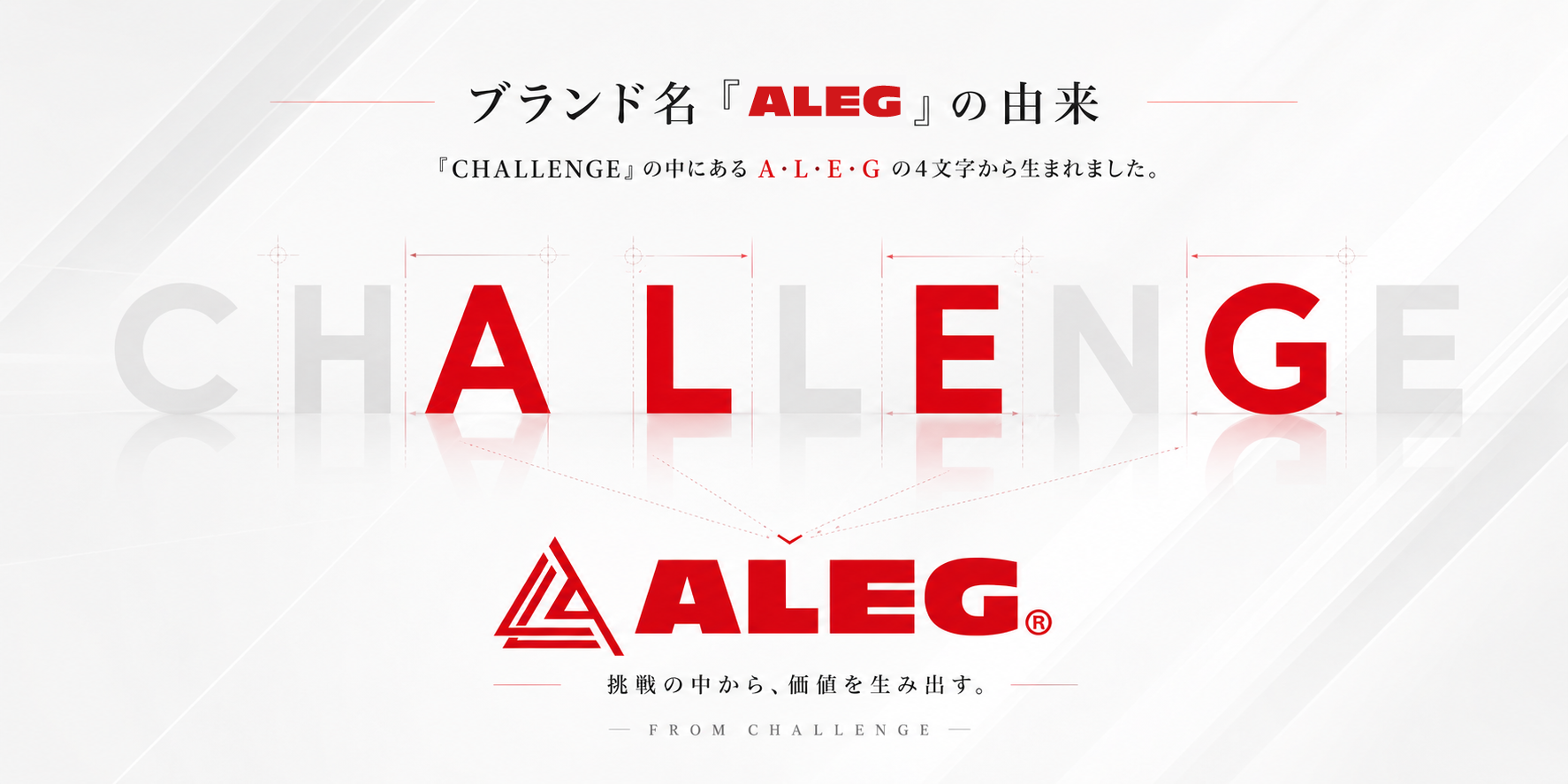 ブランド名ALEGの由来 — CHALLENGEの中にあるA・L・E・Gの4文字から生まれました